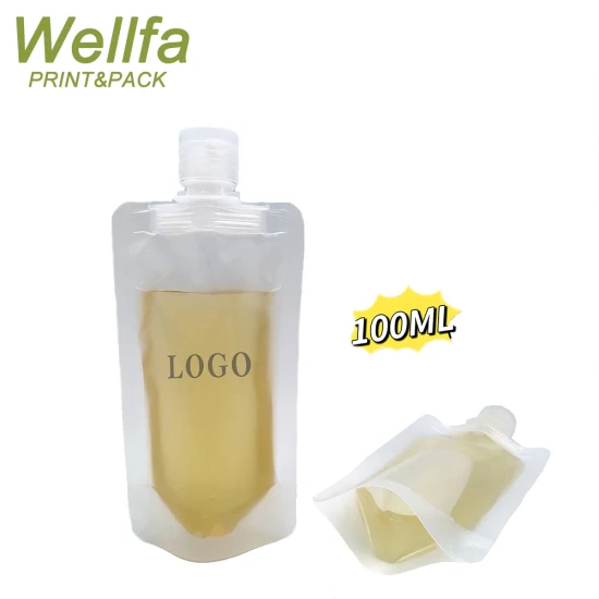 Individuell mit Logo bedruckte 100 ml transparente Lotion, Shampoo, Flüssigkeit, Reiseprobe, Kunststoff-Clamshell-Verpackungsbeutel, Nachfüllbeutel mit Ausguss
