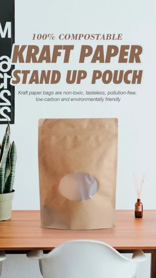 Kompostierbare kundenspezifische Reißverschluss-Lebensmittel-Snack-Nuss-Standbodenbeutel, die Kaffee-Tee-Kraftpapier mit Reißverschluss verpacken, biologisch abbaubare Doypack-Beutel mit Fenster